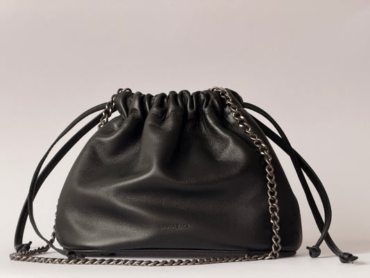 NOCTURNE MINI – BLACK LAMBSKIN HANDBAG WITH DARK SILVER CHAIN