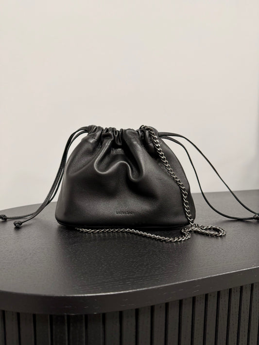 NOCTURNE MINI – BLACK LAMBSKIN HANDBAG WITH DARK SILVER CHAIN