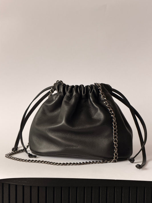 NOCTURNE MINI – BLACK LAMBSKIN HANDBAG WITH DARK SILVER CHAIN