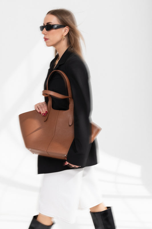 CARAMEL BROWN GRAINED LEATHER TOTE BAG