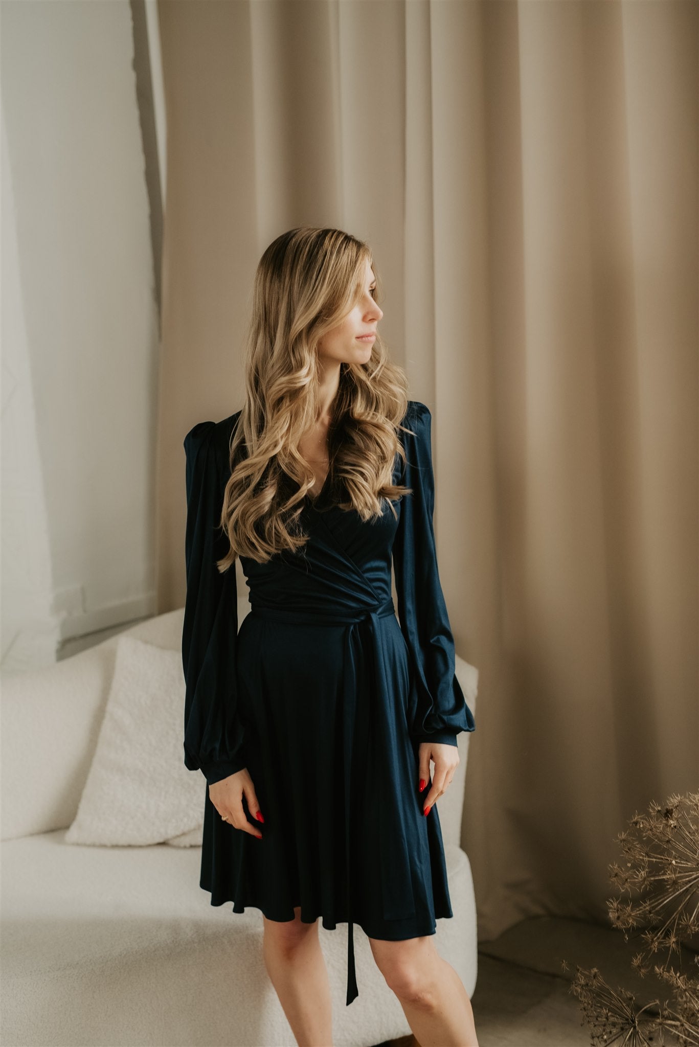 NAVY BLUE VISCOSE DRESS WITH BALLOON SLEEVES